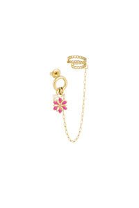Oorbel met ear cuff bloem - goud/roze