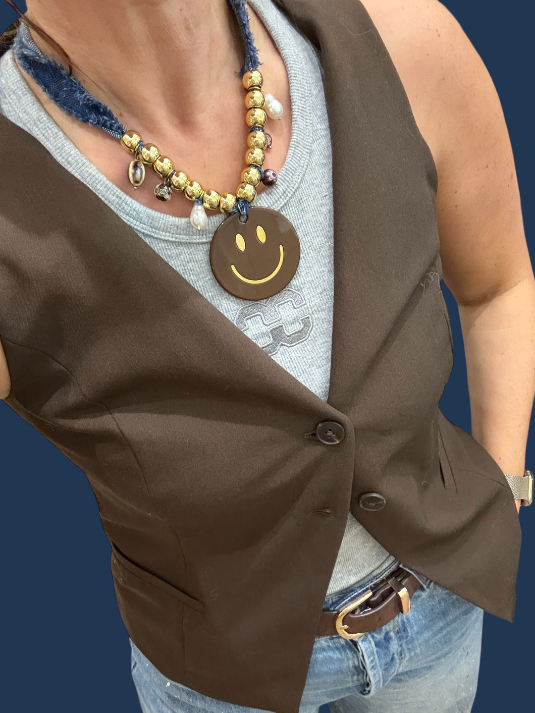 Smiley ketting spijkerstof bruin